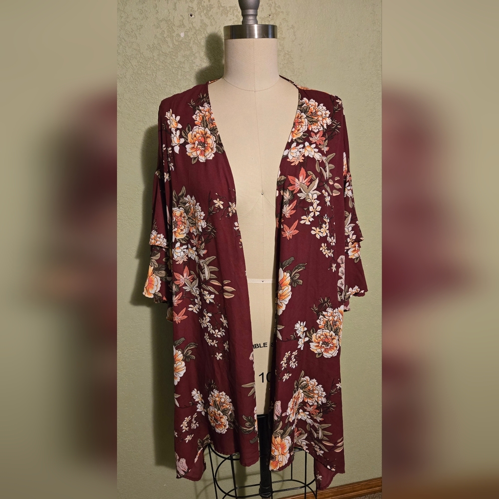 Meri Skye Maroon Floral Kimono 2X